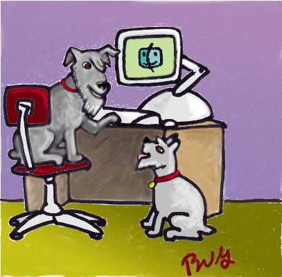 color cartoon, two dogs at a computer
