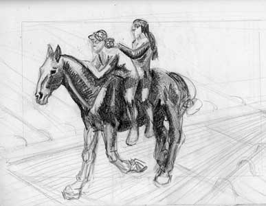 pencil drawing of two riders on a horse