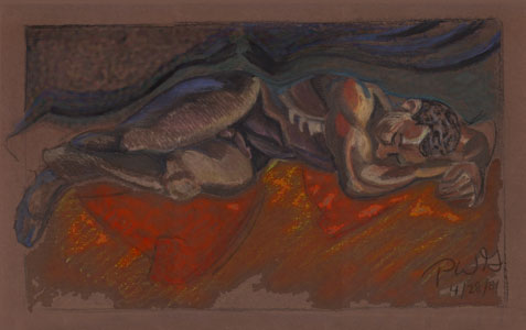 Oil pastel painting of a young man of African American descent , lying prone.