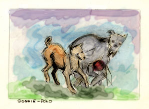 Color sketch of Bouvier and Baenji playing doggie polo.