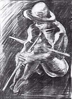 original black and white version of seated woman with crossed sticks, perhaps a pilgrim ?