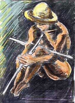 Color version of seated woman with crossed sticks, perhaps a pilgrim ?