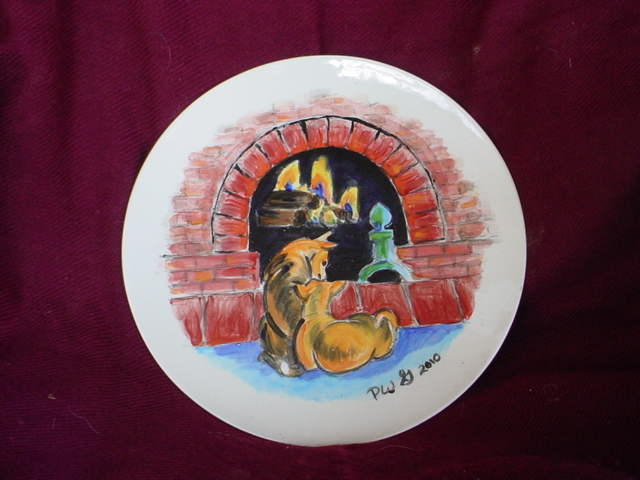 ceramic painting of two basenji dogs in from of fireplace