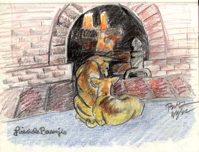 crayon sketch of two Basenji dogs basking in front of the fireplace.