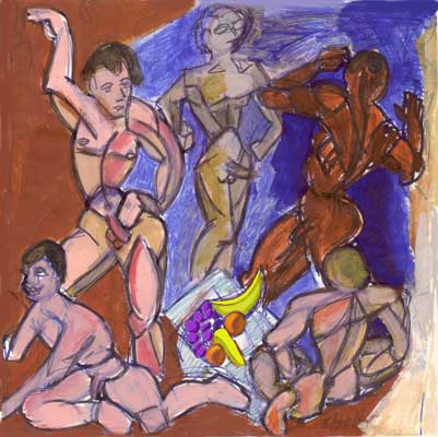 colorsketch for painting les Garcons d'Avignon, in response to Picasso's Les Demoiselles d'Avignon.