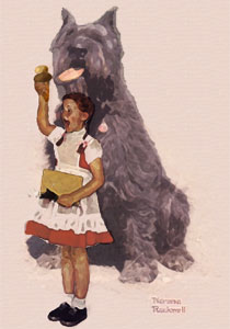 Young girl eating and ice cream cone, which she tries to keep out of the dog's reach by doing a Statue of Liberty play.  