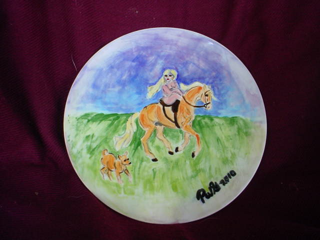 ceramic plate, nude sidesaddle rider and basenji dog