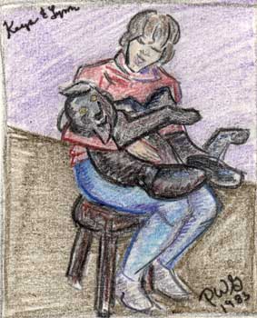 Color sketch of my puppy Keya held on the lap of my roommate Lynn.