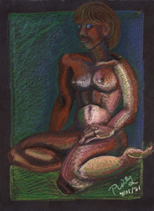 Oil pastel painting of a seated woman.