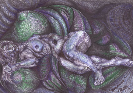 Drawing of a nude woman in a reclining twist position.