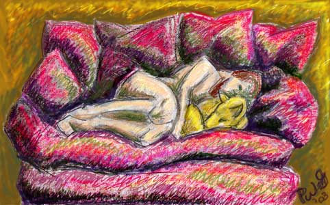 digital painting of man and dog asleep on a sofa