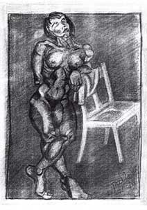 Painting of a nude woman standing with a chair. This is the original black and white version that I did more than 20 years ago.