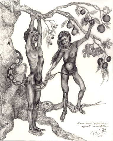 drawing of Adam pulling down branch of Tree so Eve can  reach the Apple