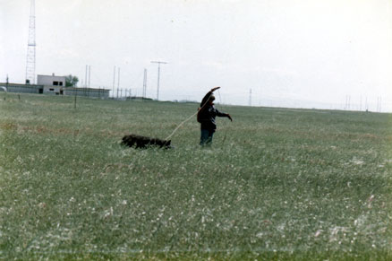 Photo of tracking dog and handler handling a turn in the track in classical manner. 