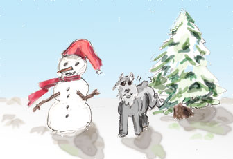 Humourous Christmas painting of dog with snowman and tree.