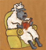 Books logo : Bouvier in sheep's clothing sitting in armchair reading a book books logo